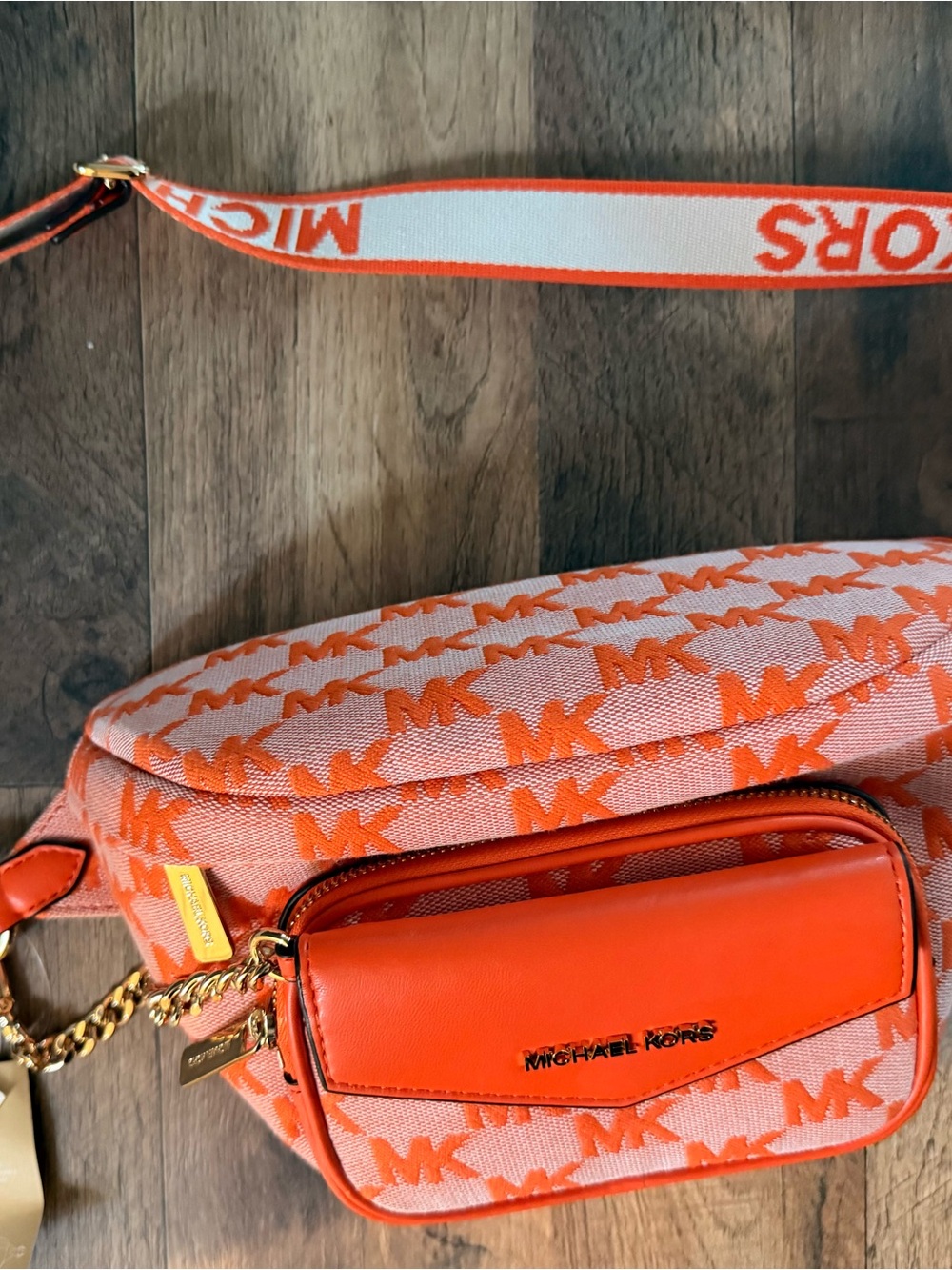 Michael Kors Orange and Cream MK Logo Crossbody Bag